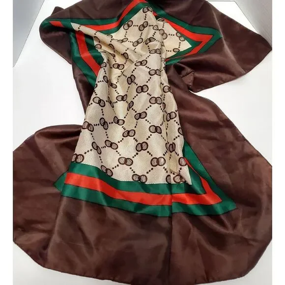 VTG Scarf Geometric 27" Square Brown/Red/Green/Tan Bordered Tennis Taiwan Nylon - Picture 2 of 6